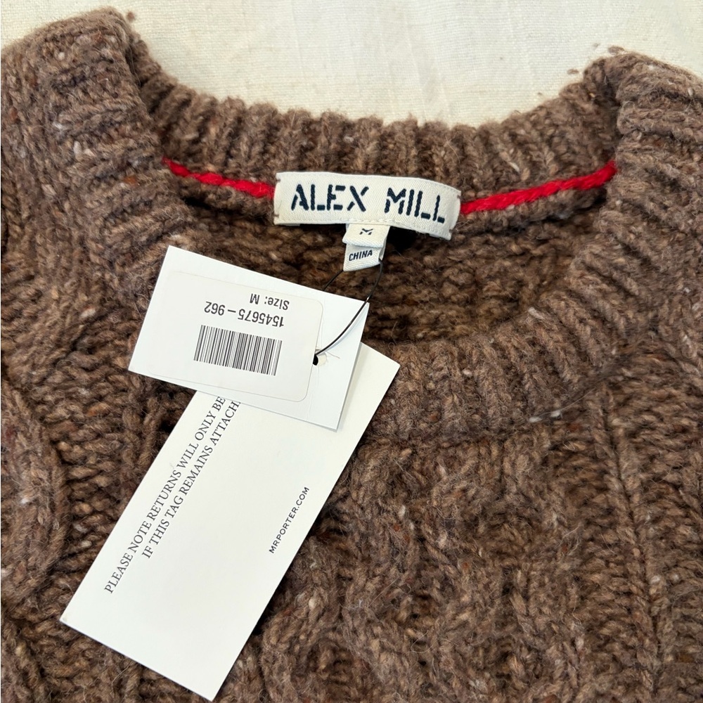 Alex Mill Brown Chunky Knit Crewneck Sweater with Red Neck Detail
